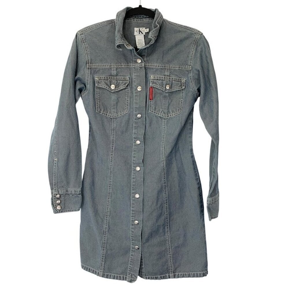 Calvin Klein Fitted Denim Shirt Dress Womens Size 4 Light Gray Button Up